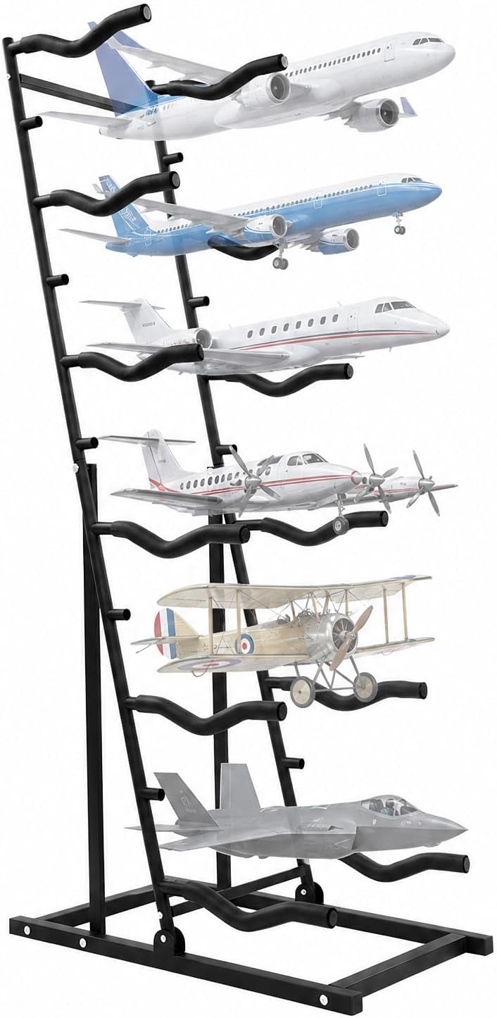 Rc Hobby Workshop - RC飛行機スタンド6段、模型飛行機ディスプレイホルダー、ホビールームガレージワークショップ用フォームパッド付きRC飛行機収納ラック